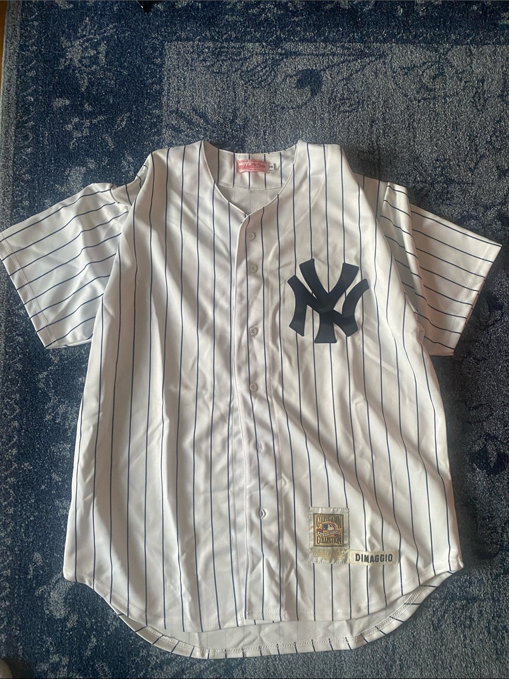 VINTAGE Mitchell & Ness White Pinstripe Yankees Baseball Jersey with Navy Logo